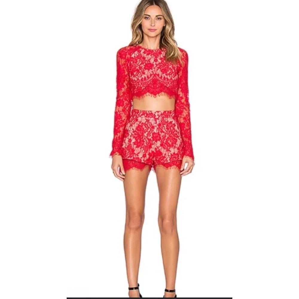The Jetset Diaries Red Floral Lace Two Piece Set Crop Top and Shorts S/XS